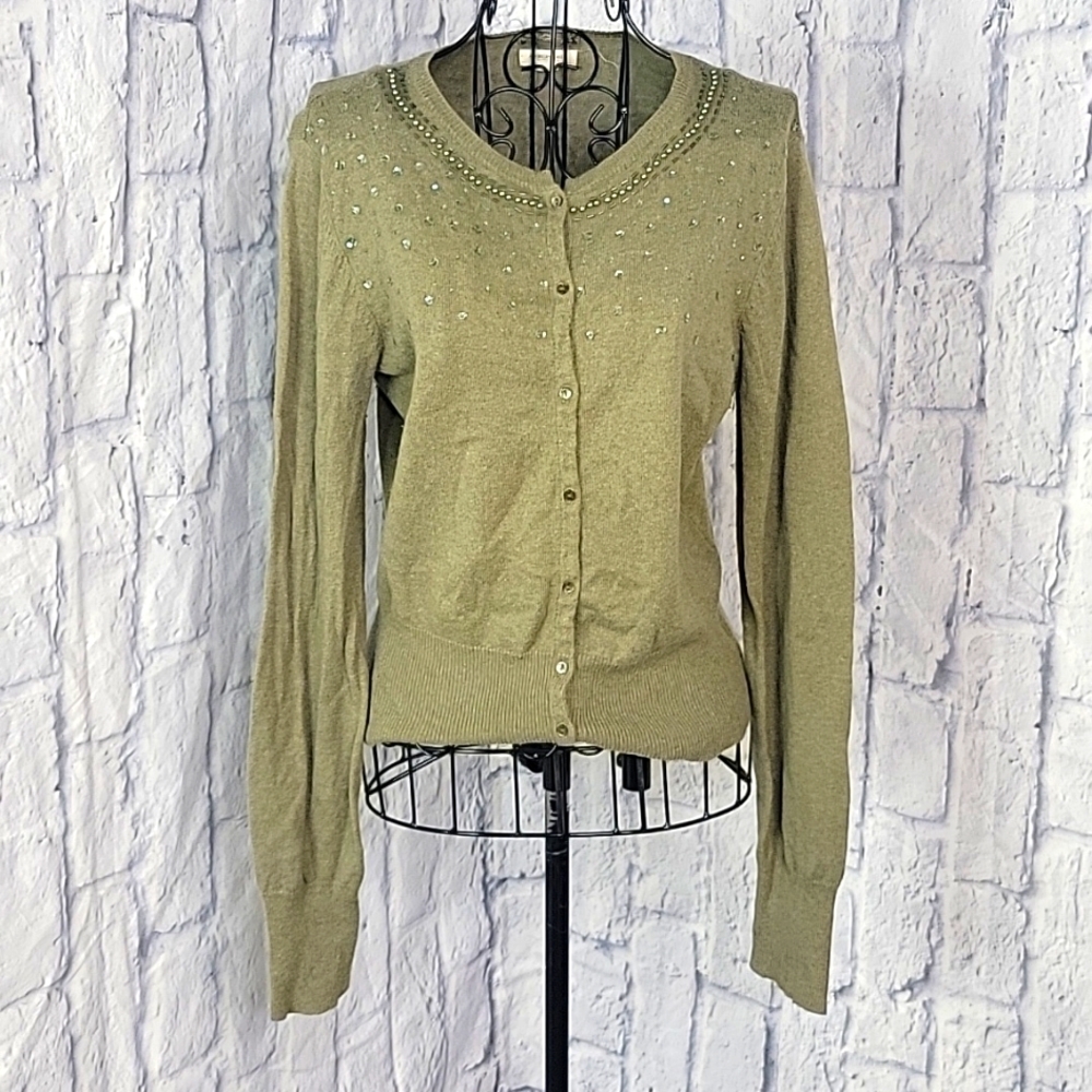 AMERICAN EAGLE Beaded and Sequined Green Part Wool Sweater Cardigan Large